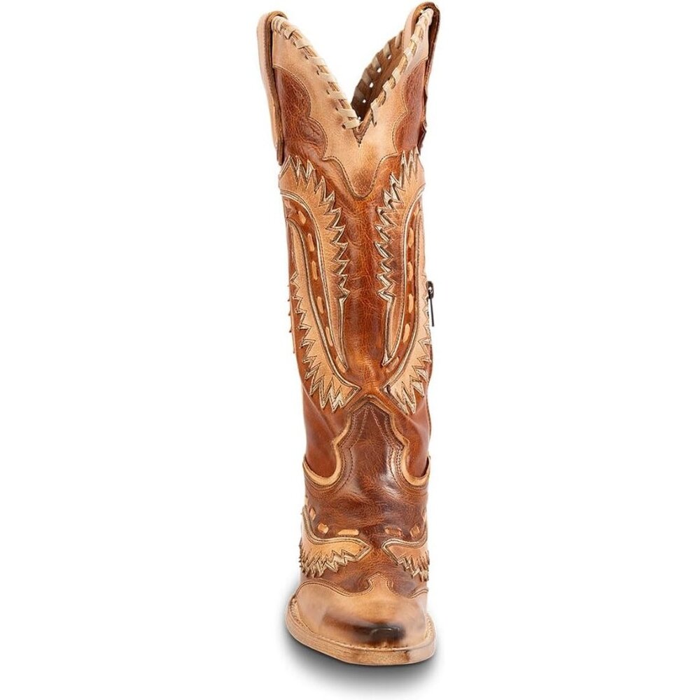 Women's Brown Floral Embroidered Cowgirl Boots Chunky Low Heels Pull On - Picture 5 of 7
